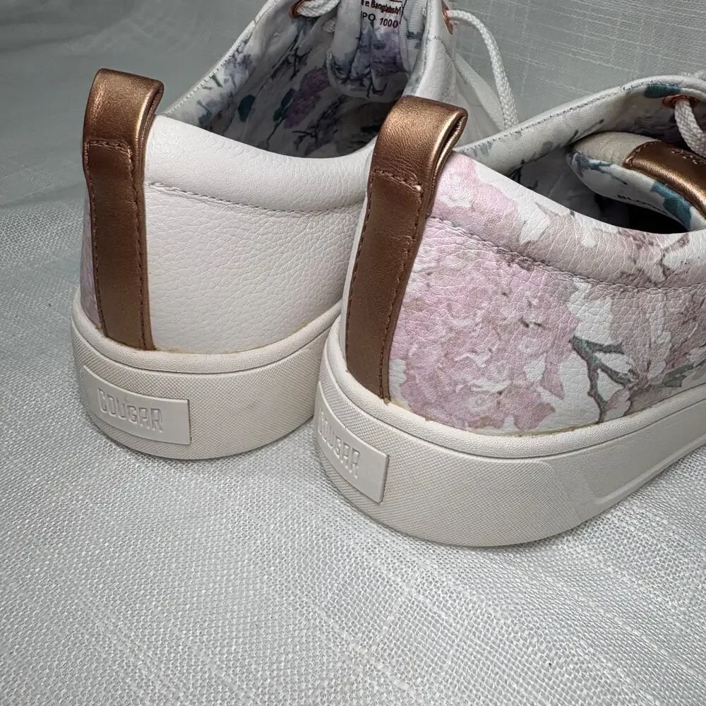 COUGAR BLOOM Leather Tennis Shoe Sneakers Sz 10 Floral Cherry Blossoms White